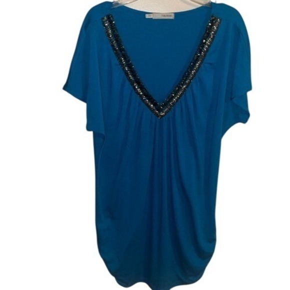 Maurices Embellished V Neck Top Size 0 Blue Short Sleeve Blouse - Picture 1 of 5